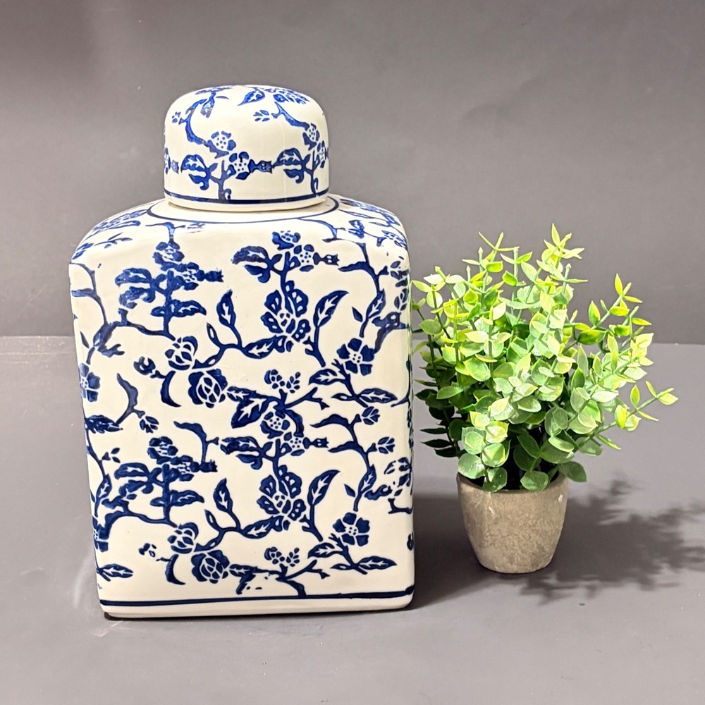 Blue and White Porcelain Floral Tea Caddy Rectangular Ginger Jar with Lid 10.5in